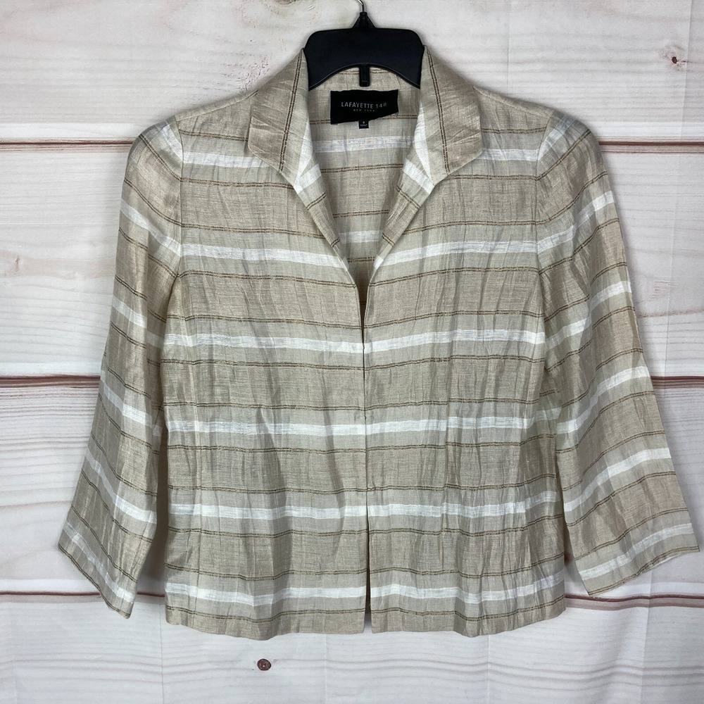 Lafayette 148 Blazer Womens 2 Beige Stripe Linen Blend Collar Lightweight Jacket
